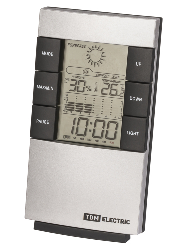 Метеостанция комнатная "Климат 1" вертикальная, термометр, гигрометр, будильник, серебро, TDM фото 3